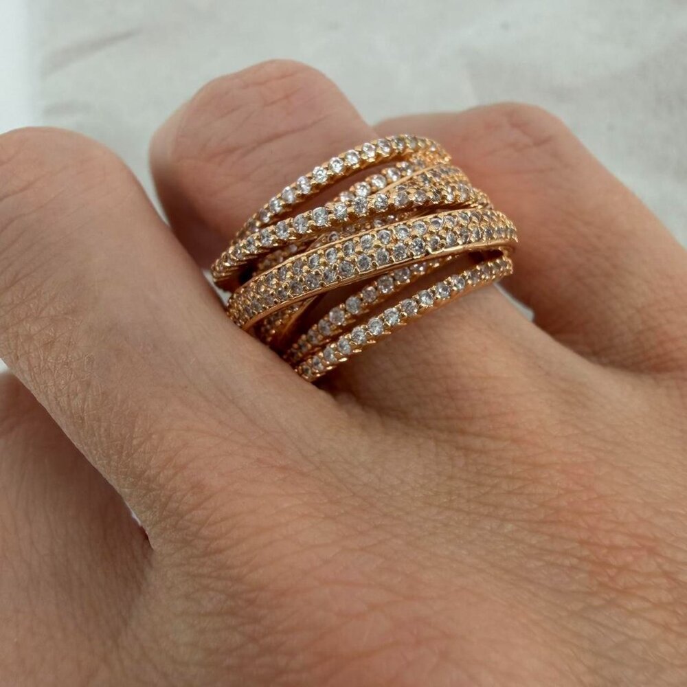 Rose Gold Multi-Row Crossover Statement Ring With… - image 1